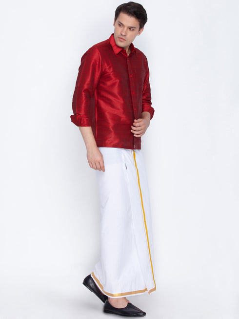 Vastramay Men's Maroon Cotton Silk Blend Shirt with Dhoti